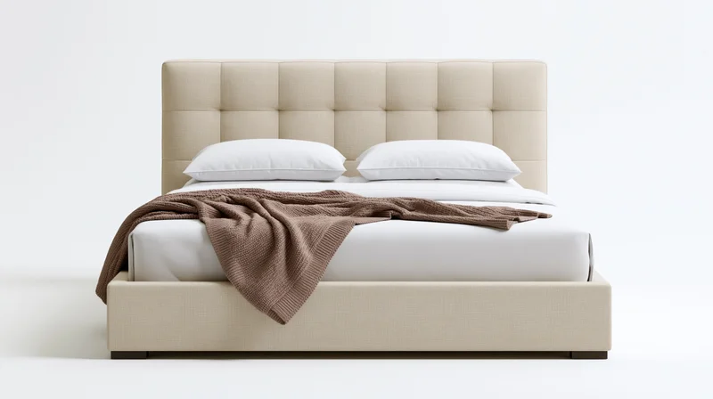 Modern upholstered queen bed with tufted grid-pattern headboard and white pillows, beige fabric, brown knit blanket, isolated on white background