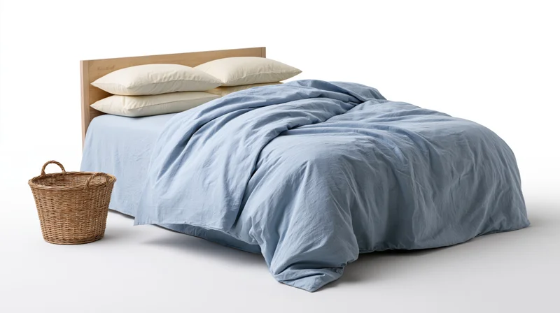 Double bed with rumpled blue cotton duvet and white pillows on wooden headboard, beside wicker basket on white background