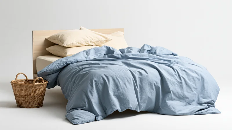 Rumpled blue cotton duvet on a wooden bed with beige pillows and a wicker basket beside it in a white studio setting
