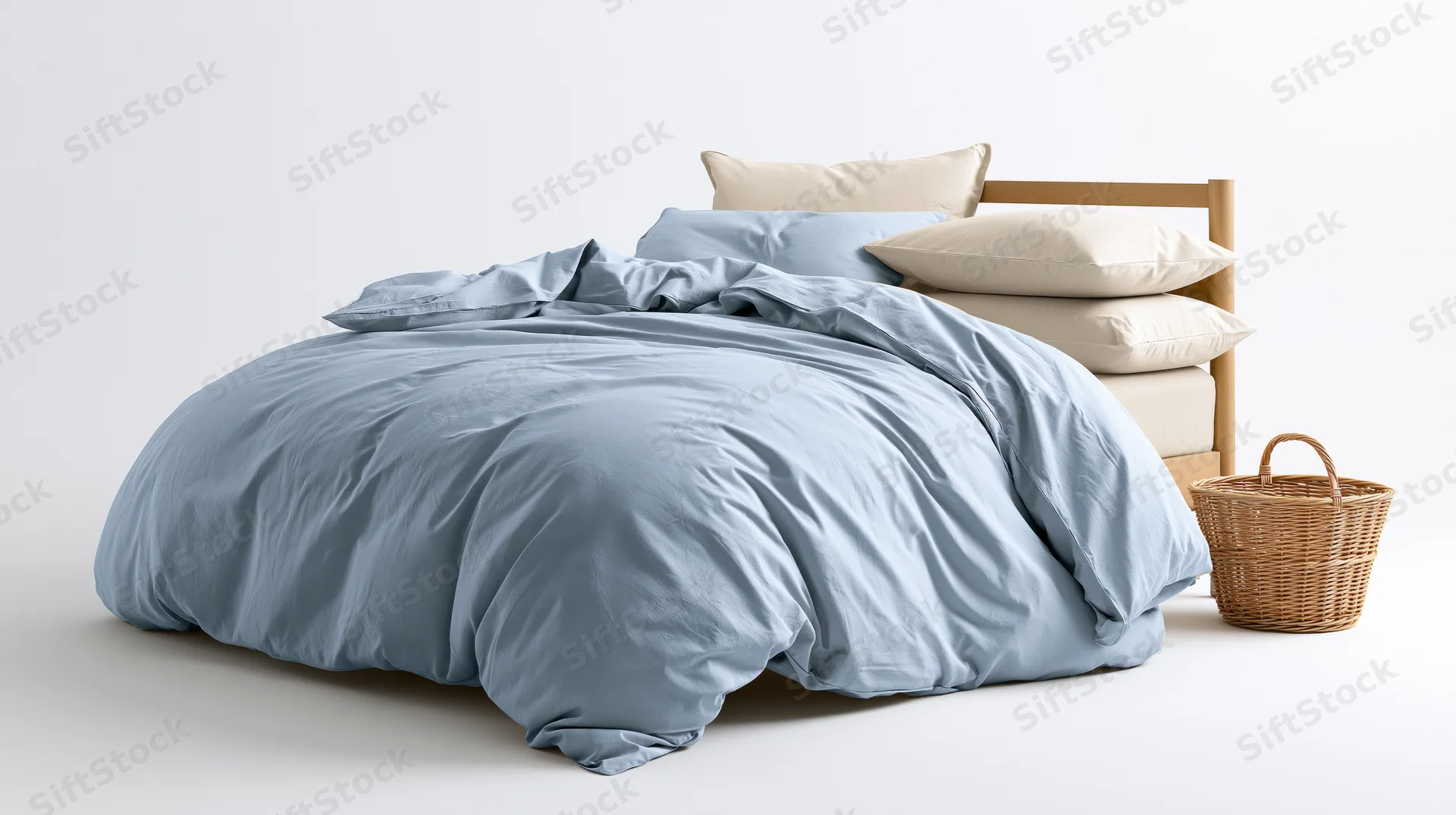 Unmade bed with blue duvet and beige pillows beside wooden headboard and wicker basket in minimalist bedroom