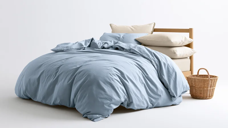 Unmade bed with blue duvet and beige pillows beside wooden headboard and wicker basket in minimalist bedroom