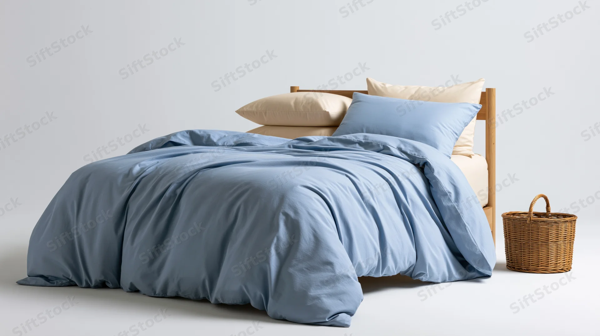 Unmade bed with blue comforter and wicker basket beside wooden frame in white room
