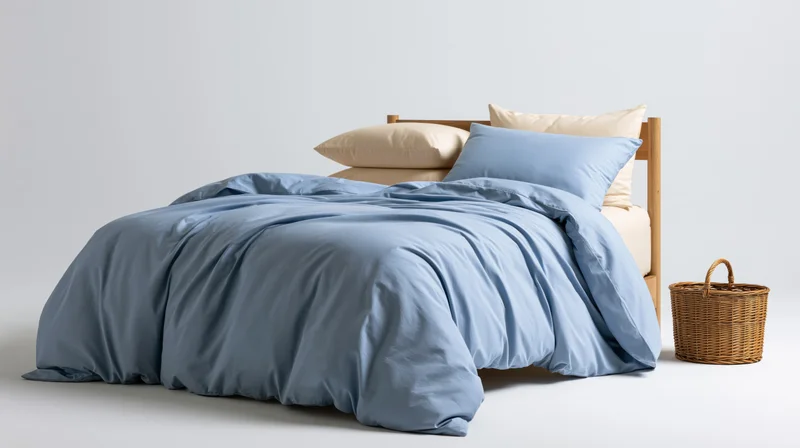 Unmade bed with blue comforter and wicker basket beside wooden frame in white room