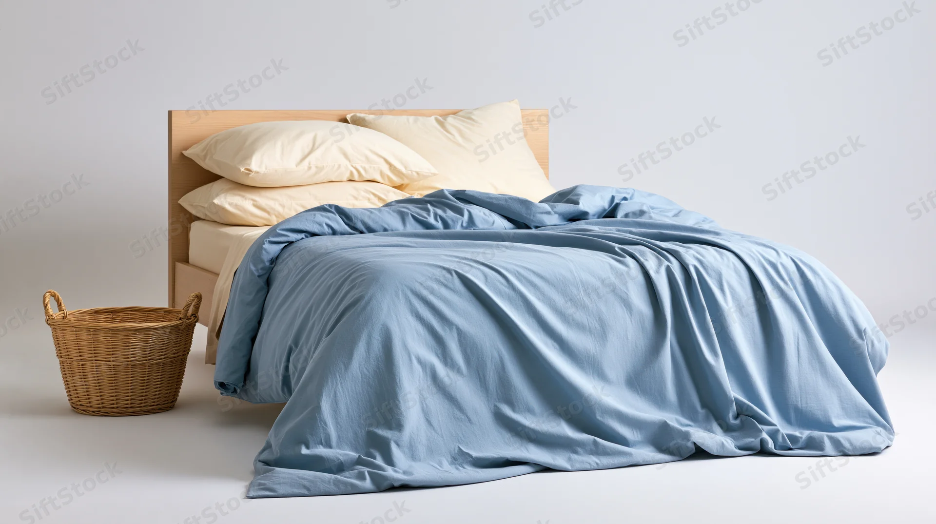 Rumpled blue cotton comforter on wooden bed with wicker basket beside it in minimalist bedroom