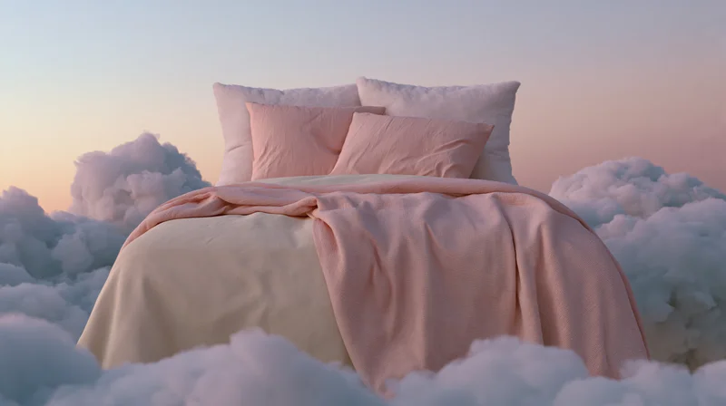 Bed with pink and white pillows and comforter resting on clouds at twilight
