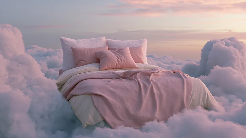 A bed with pink and white bedding floating among clouds at dawn
