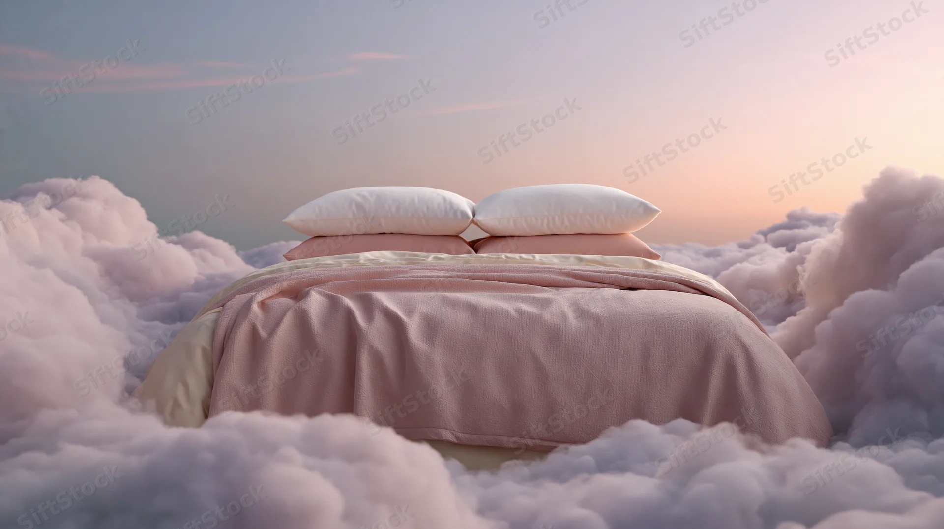 A neatly made bed with white and pink pillows surrounded by clouds at sunrise
