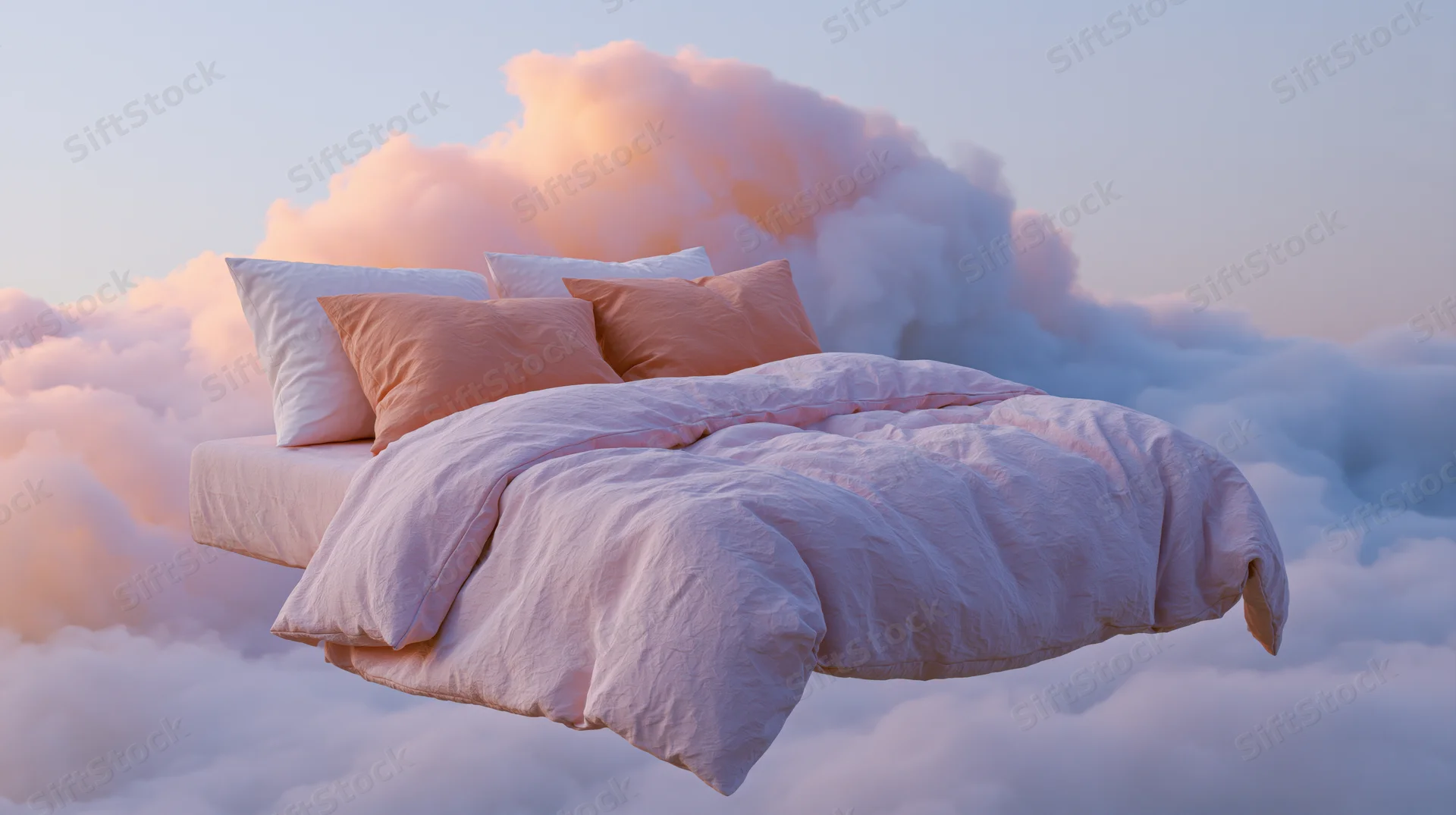 Floating bed with white and pink pillows and comforter above clouds at dawn