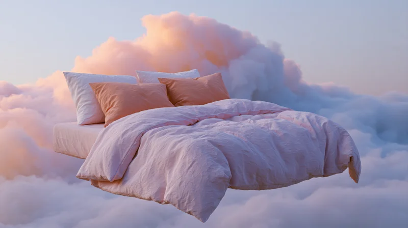 Floating bed with white and pink pillows and comforter above clouds at dawn