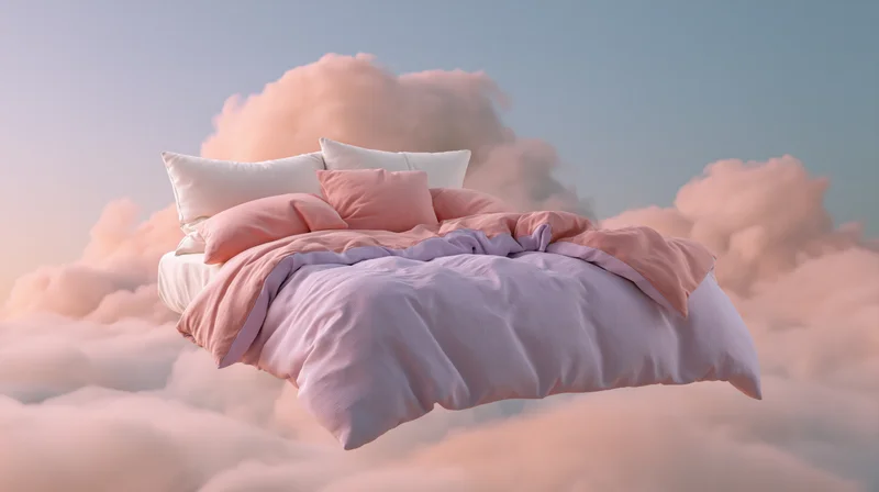 A bed floating among soft pink clouds in the sky