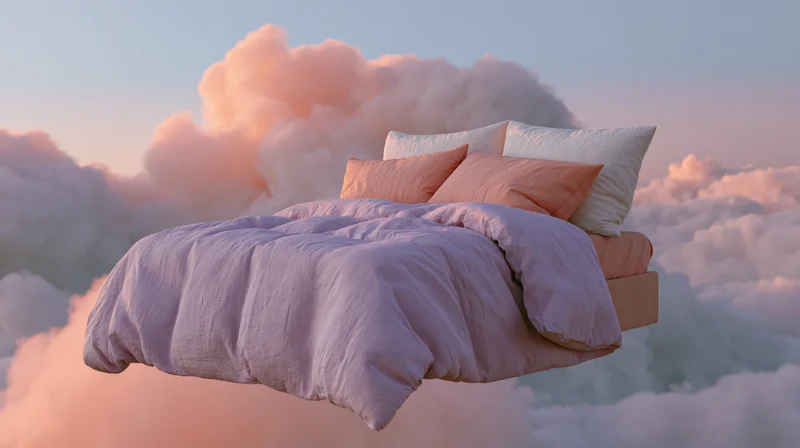 Floating bed with pink and white pillows and duvet above clouds at dawn