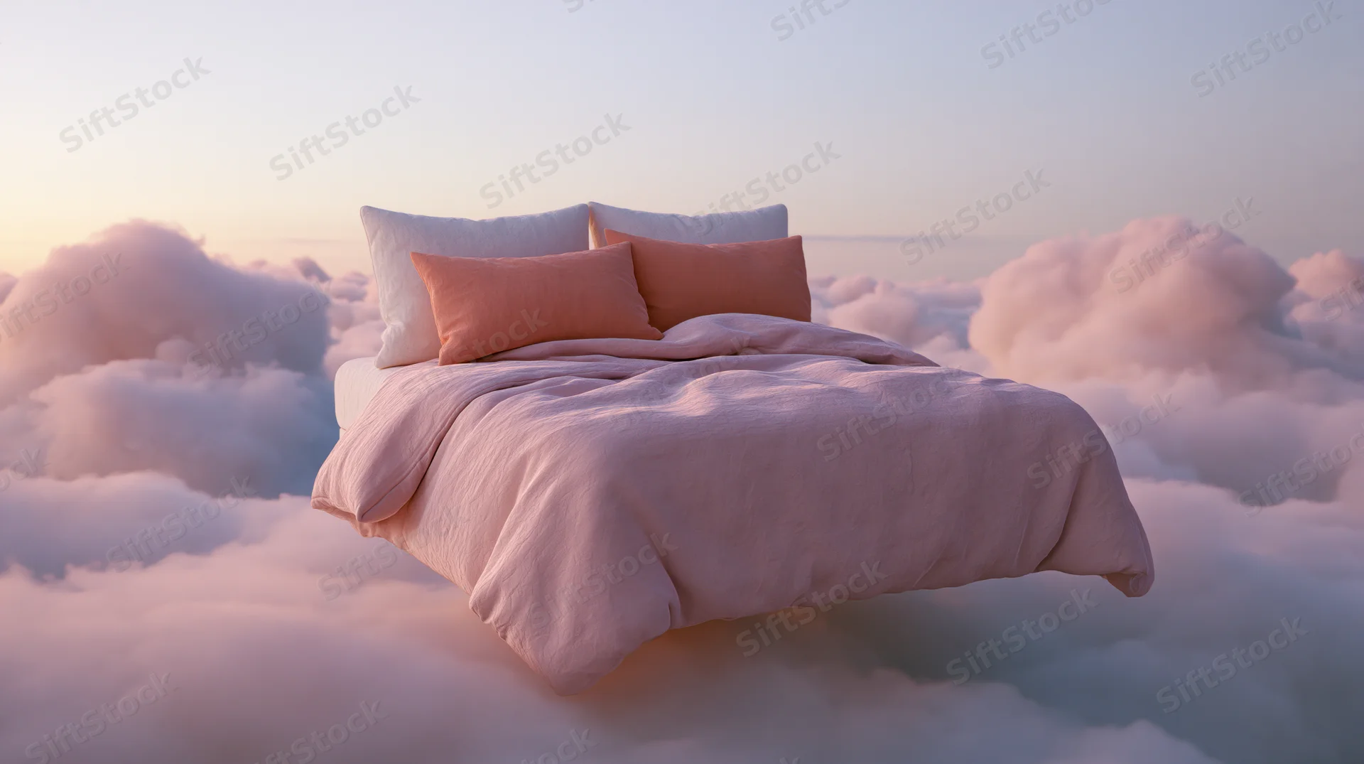 A neatly made bed floating among soft clouds at sunrise