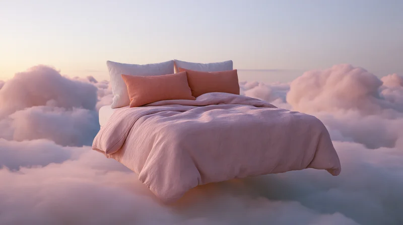 A neatly made bed floating among soft clouds at sunrise