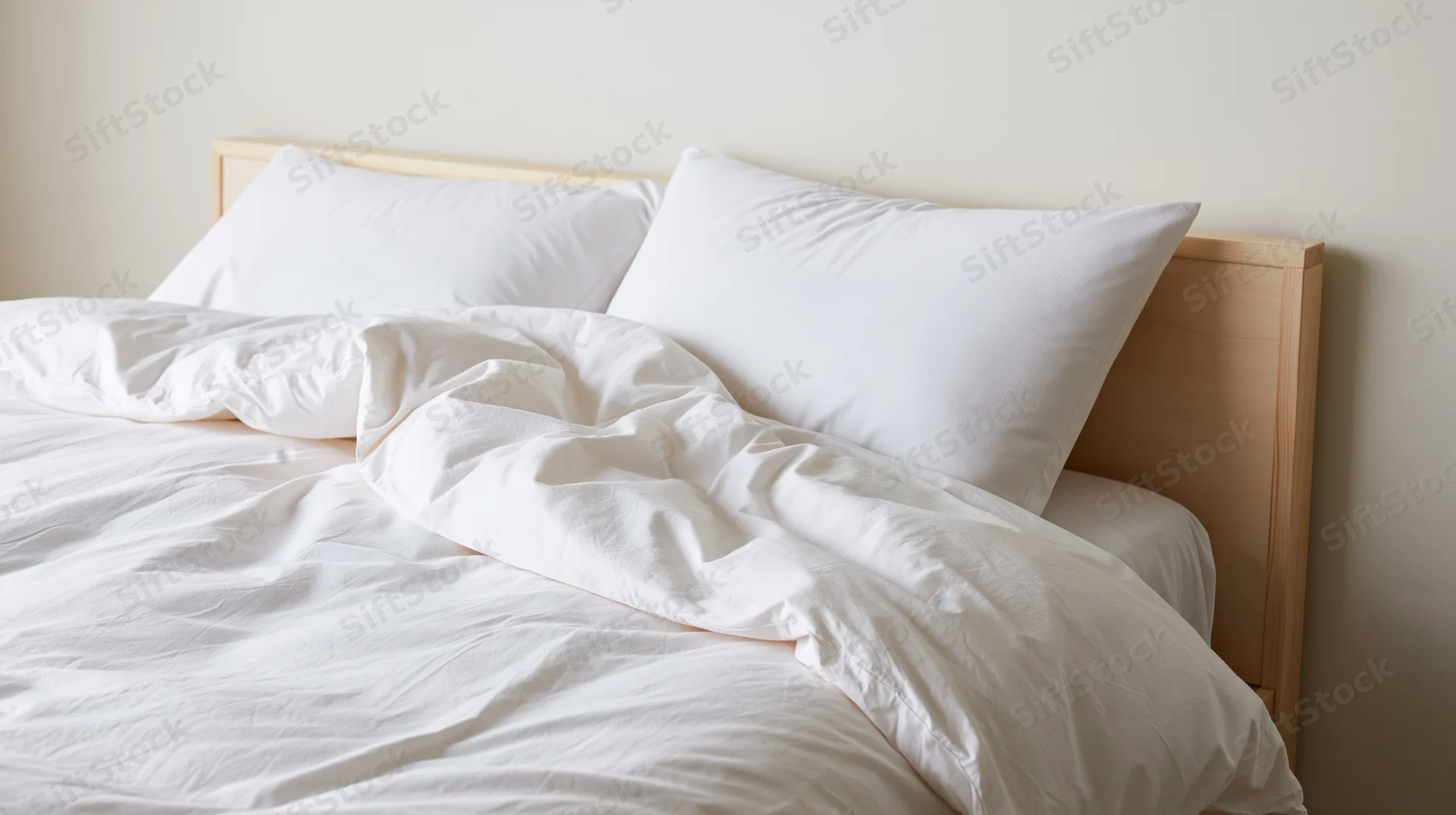 Unmade bed with white bedding and two pillows against a wooden headboard in a minimalist bedroom