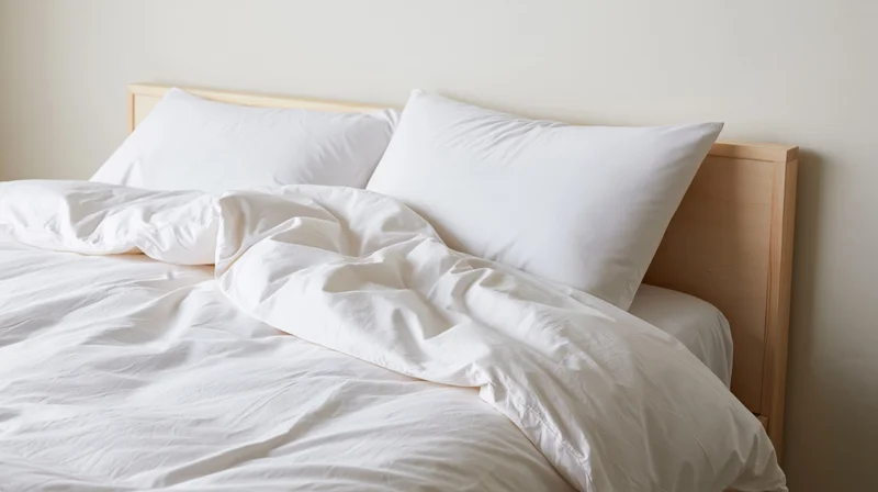 Unmade bed with white bedding and two pillows against a wooden headboard in a minimalist bedroom