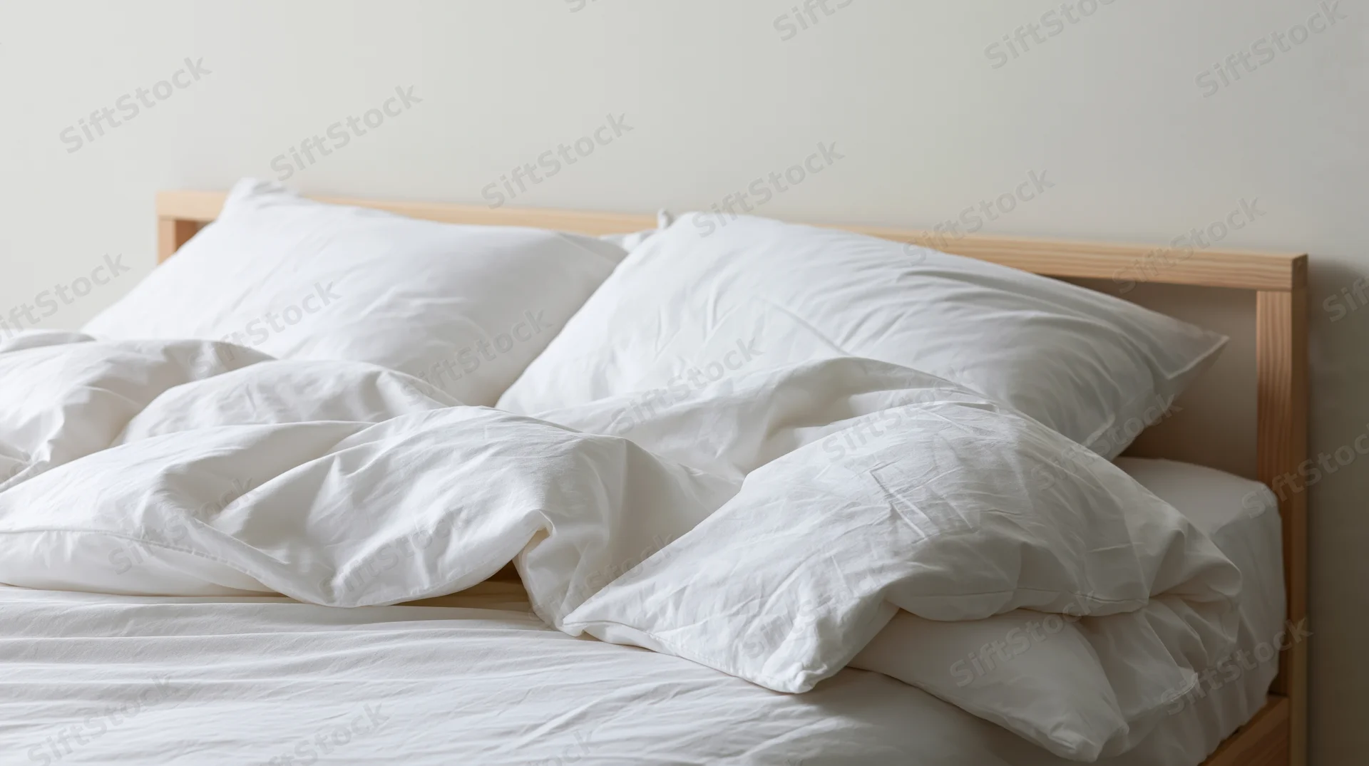 Unmade bed with crumpled white linens and pillows on wooden frame in bedroom