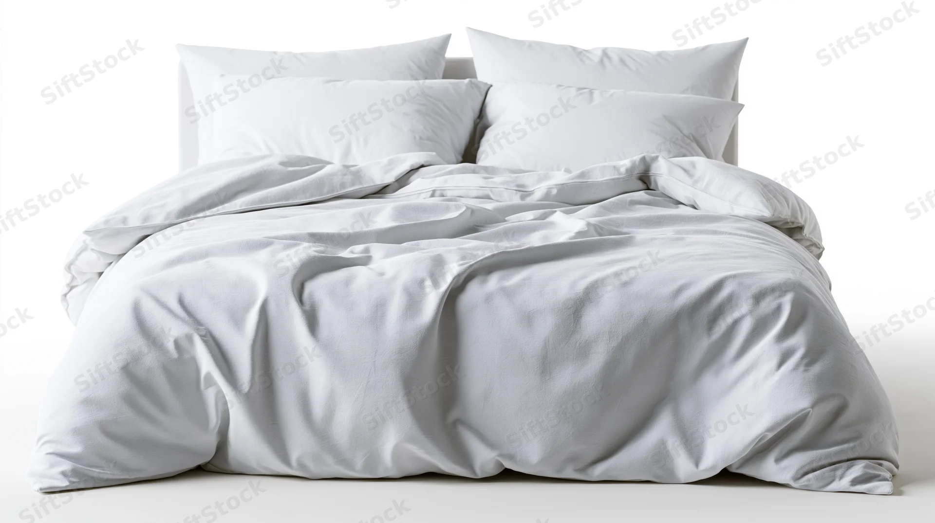 Unmade bed with white cotton duvet and four pillows on plain white background