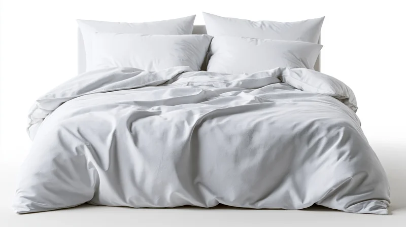 Unmade bed with white cotton duvet and four pillows on plain white background