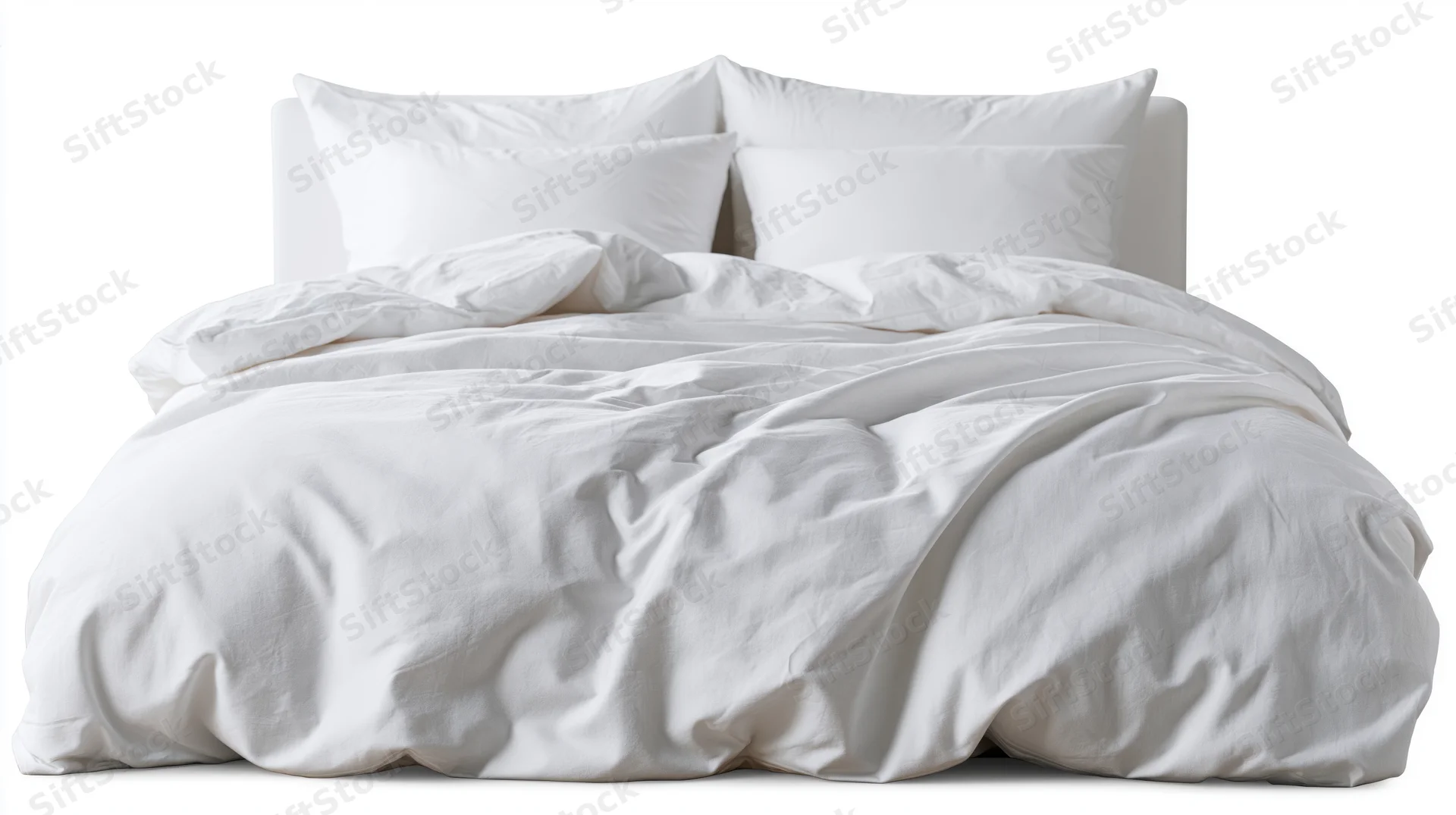 Unmade bed with white cotton duvet and four pillows on plain white background