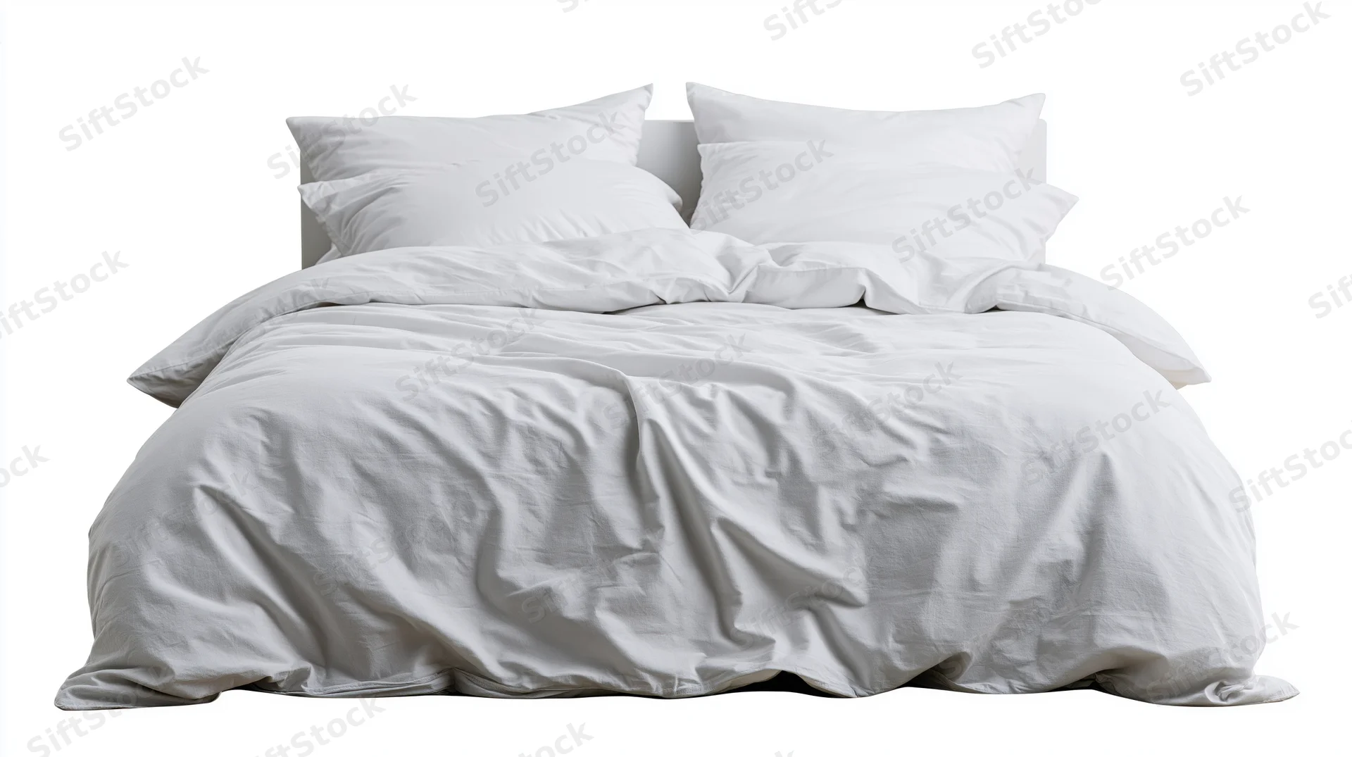 Unmade bed with white cotton duvet and four pillows on plain white background