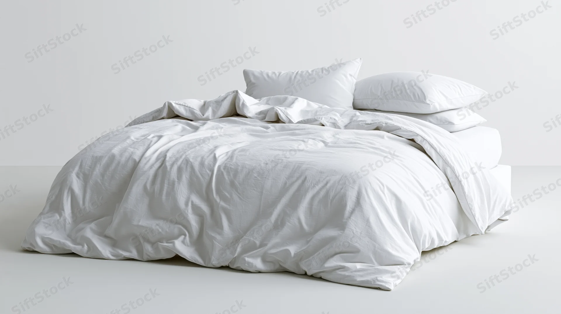 Unmade white bed with crumpled duvet and stacked pillows on plain white background