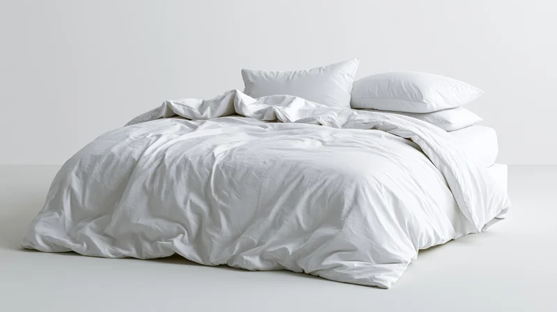 Unmade white bed with crumpled duvet and stacked pillows on plain white background