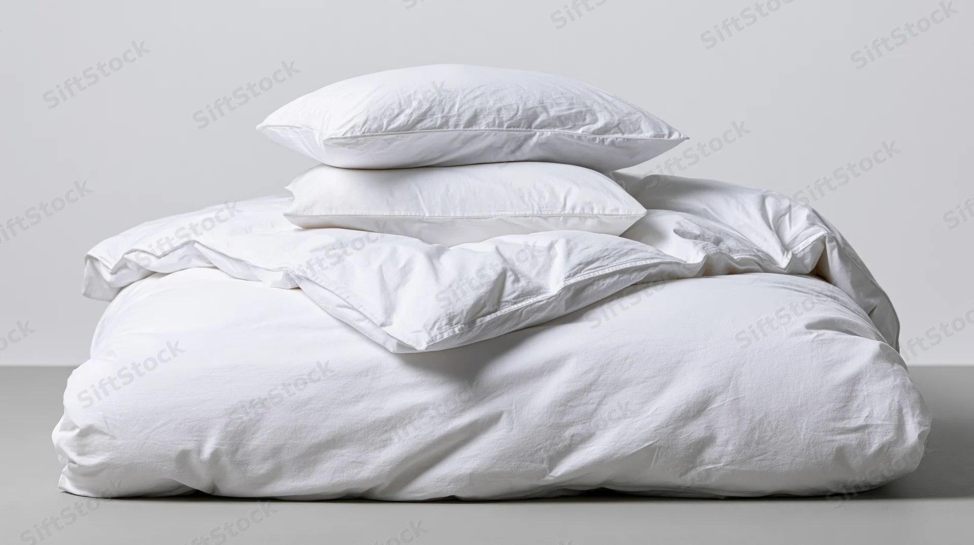 White cotton duvet and stacked pillows arranged on a plain surface in a studio setting