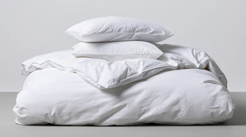 White cotton duvet and stacked pillows arranged on a plain surface in a studio setting