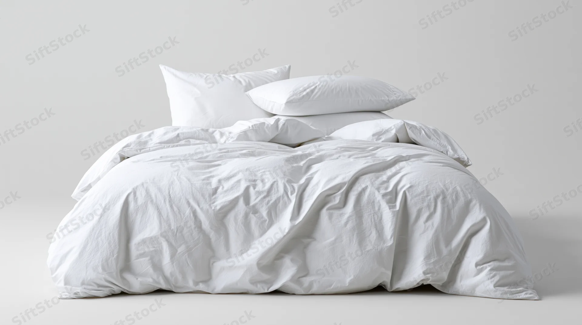 Unmade bed with white cotton duvet and stacked pillows on plain background