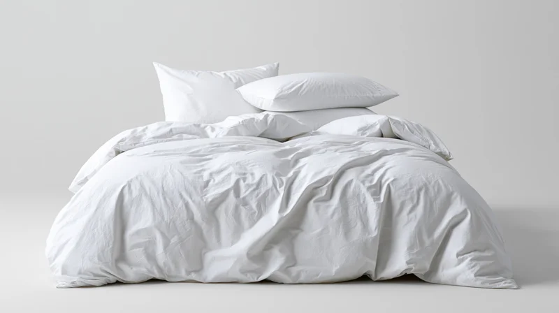 Unmade bed with white cotton duvet and stacked pillows on plain background