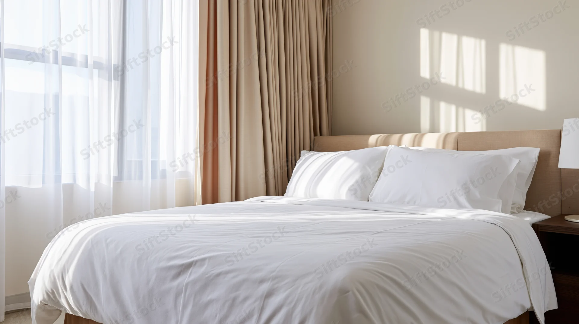 Neatly made bed with white linens and two pillows in a hotel bedroom by a window with curtains and sunlight