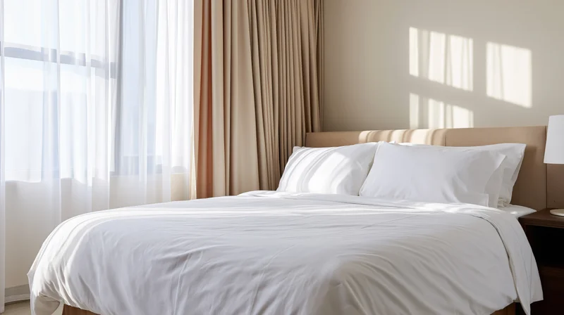 Neatly made bed with white linens and two pillows in a hotel bedroom by a window with curtains and sunlight