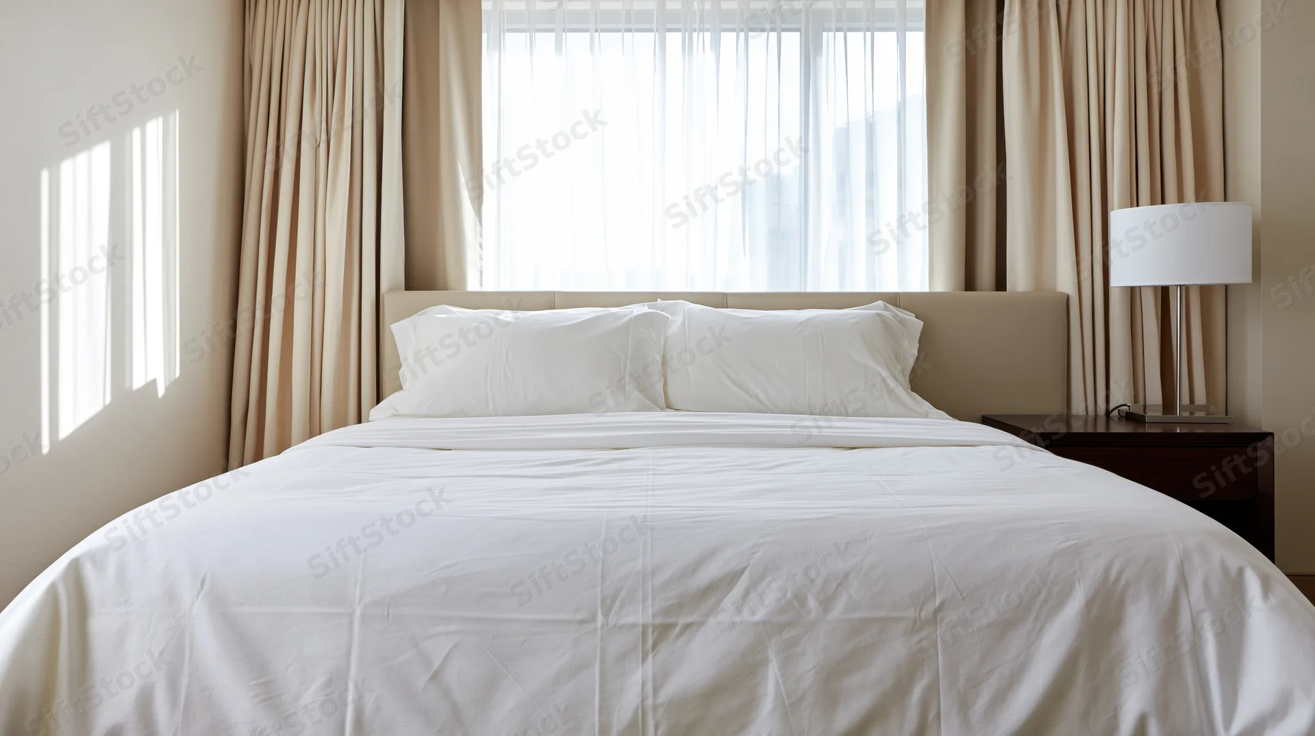 Neatly made bed with white linens and two pillows in a hotel bedroom by a window with curtains