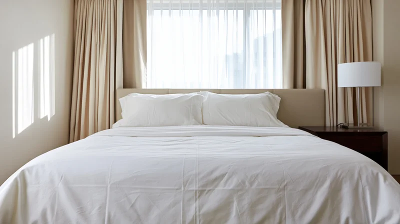 Neatly made bed with white linens and two pillows in a hotel bedroom by a window with curtains