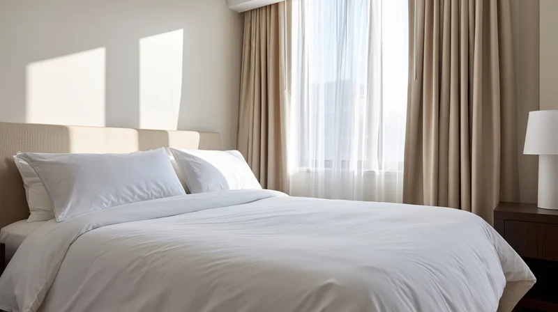 Neatly made bed with white linens and two pillows in a hotel room by a window with curtains
