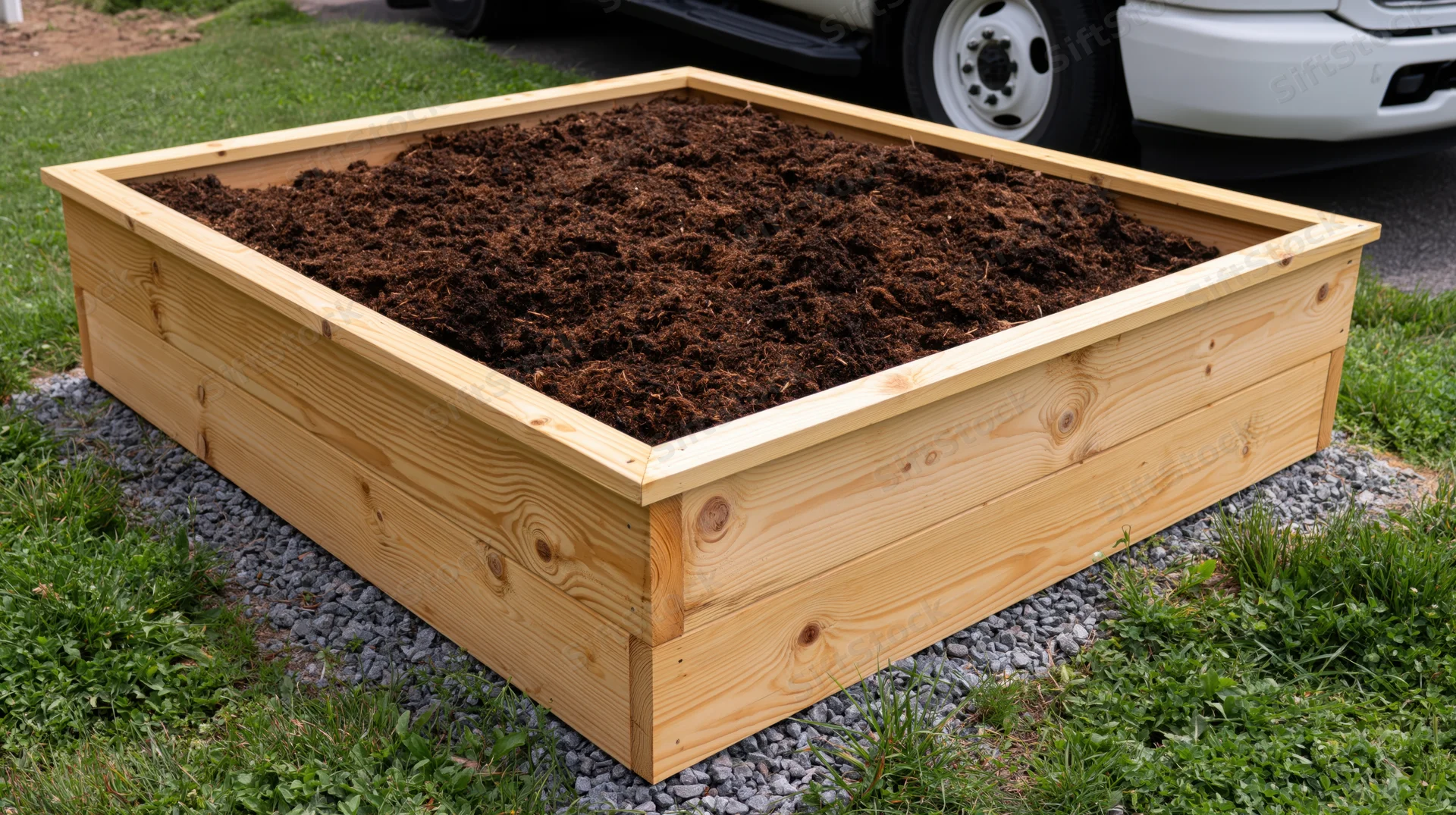 Rectangular wooden raised garden bed filled with dark soil on gravel base in backyard