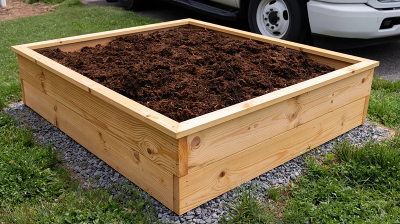 Rectangular wooden raised garden bed filled with dark soil on gravel base in backyard
