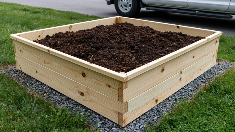 Rectangular wooden raised garden bed filled with dark soil on gravel base in backyard
