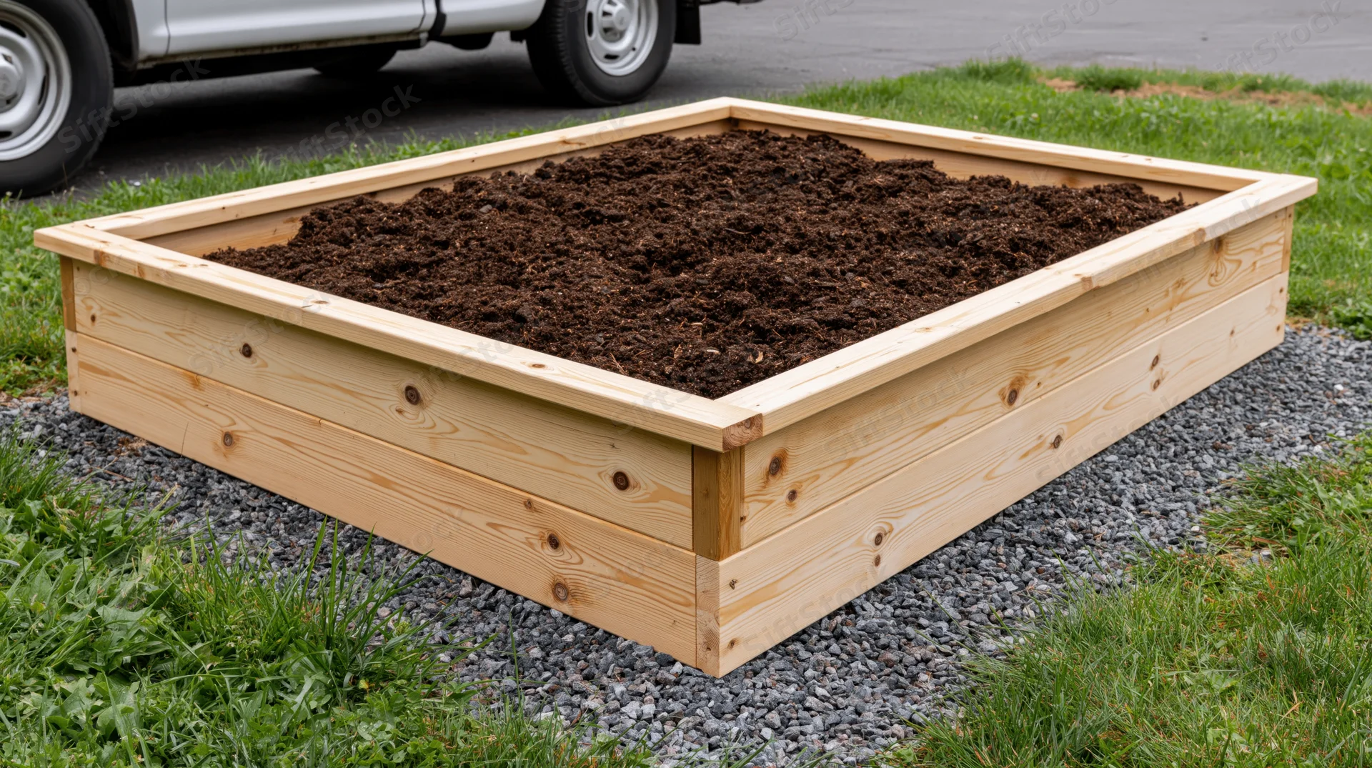 Rectangular wooden raised garden bed filled with dark soil on gravel base near grass and driveway
