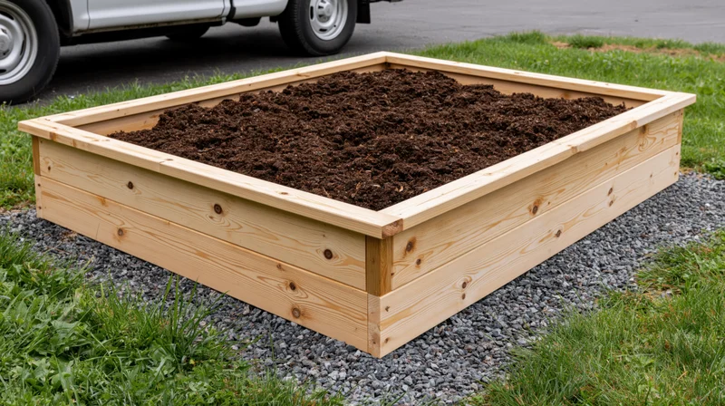 Rectangular wooden raised garden bed filled with dark soil on gravel base near grass and driveway