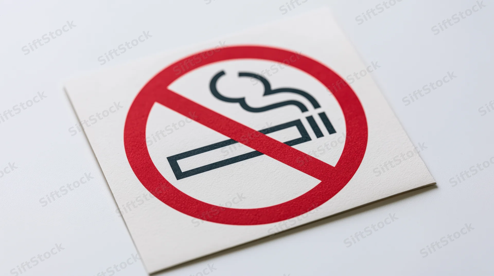 No-smoking prohibition sign printed on white paper flat graphic with red circle and slash symbol