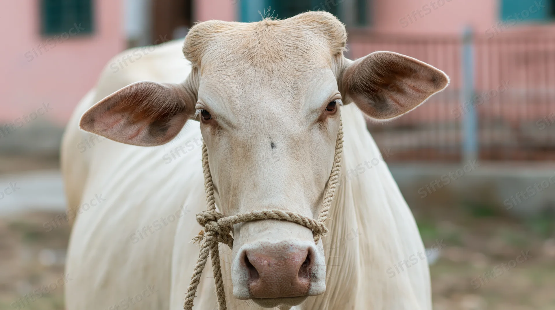 Pale cream-white indian zebu cow facing camera with rope halter on nose in rural setting