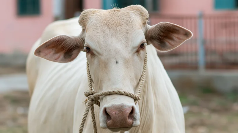 Pale cream-white indian zebu cow facing camera with rope halter on nose in rural setting