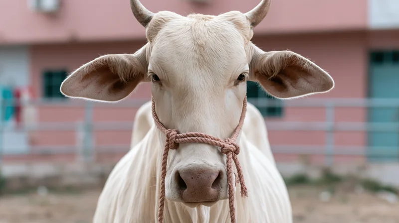 Pale cream-white zebu cow facing camera with rope halter in farm enclosure