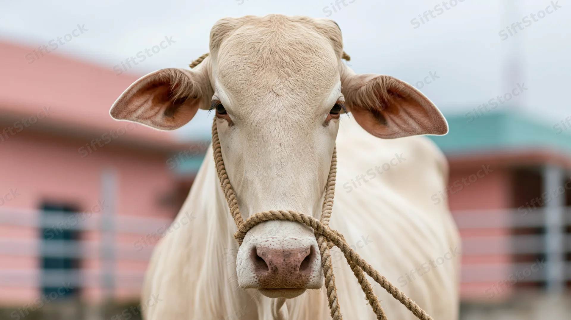 Pale cream-white zebu cow facing camera with rope halter on farm