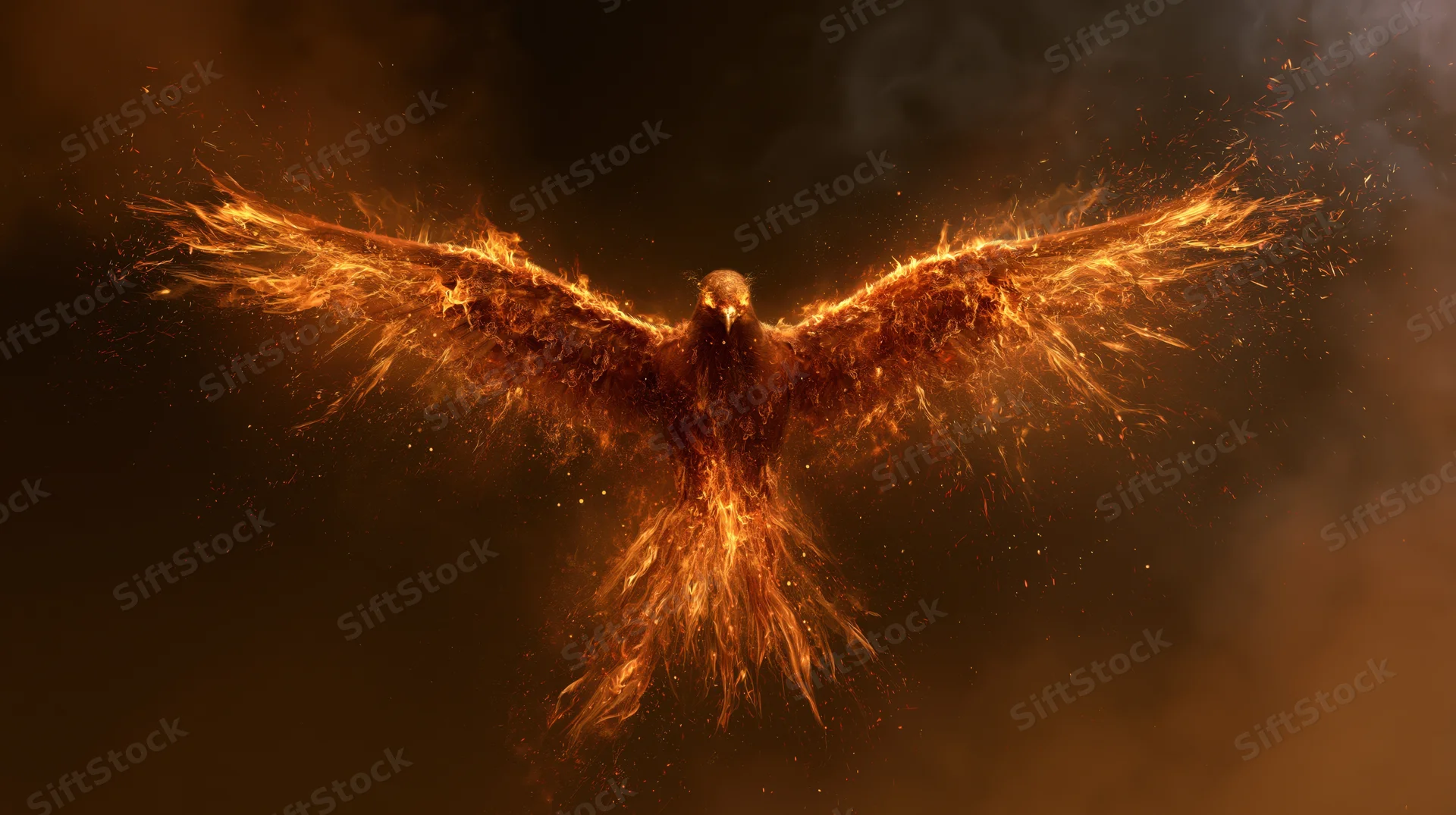 Phoenix bird rising with wings spread in flames against dark smoky background