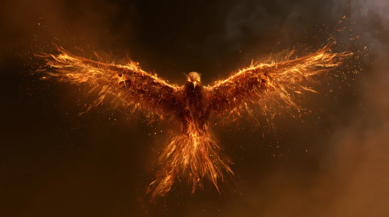 Phoenix bird rising with wings spread in flames against dark smoky background