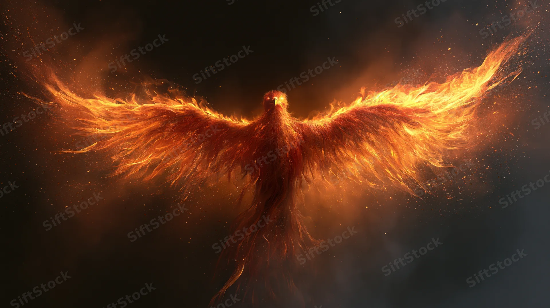 Phoenix bird with wings spread rising in flames against dark background