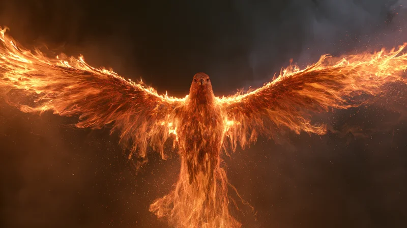 Phoenix with wings fully spread rising in flames against dark background