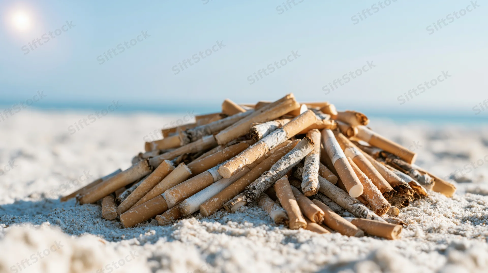 Pile of discarded cigarette butts on sandy beach near ocean under bright sun